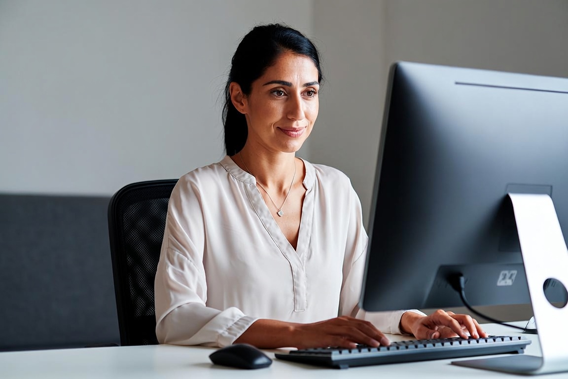 Mulher trabalhando em um computador de escritório