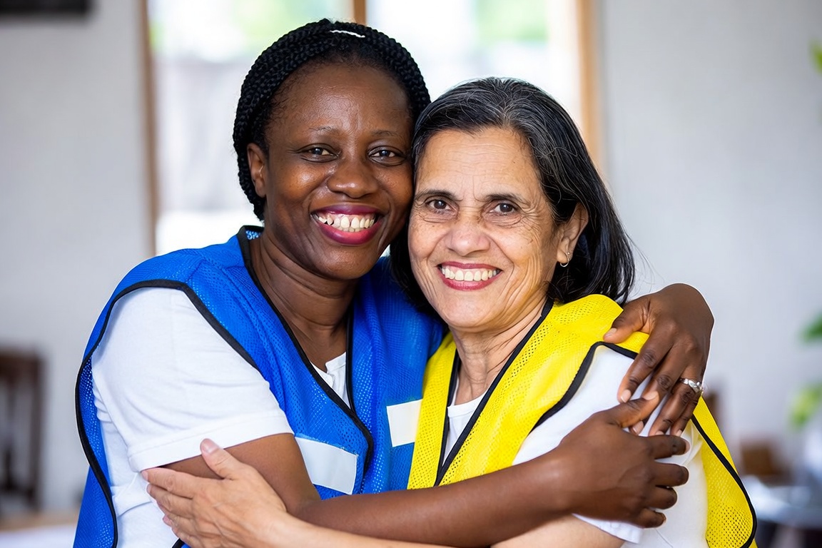 Duas voluntárias de colete, abraçadas e sorrindo
